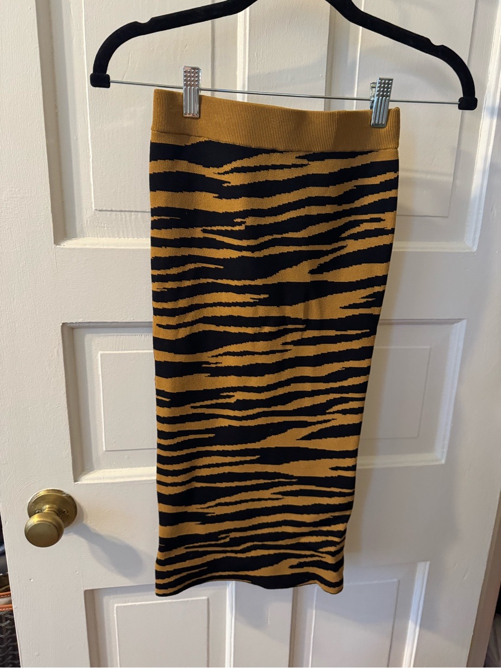 Black and Mustard Tiger-Stripe Knit Midi Skirt, XXS